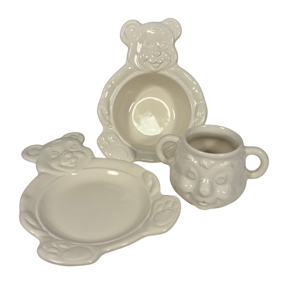 Pfaltzgraff Heritage White Ceramic Teddy Bear Vintage Cereal Bowl Plate Cup Set